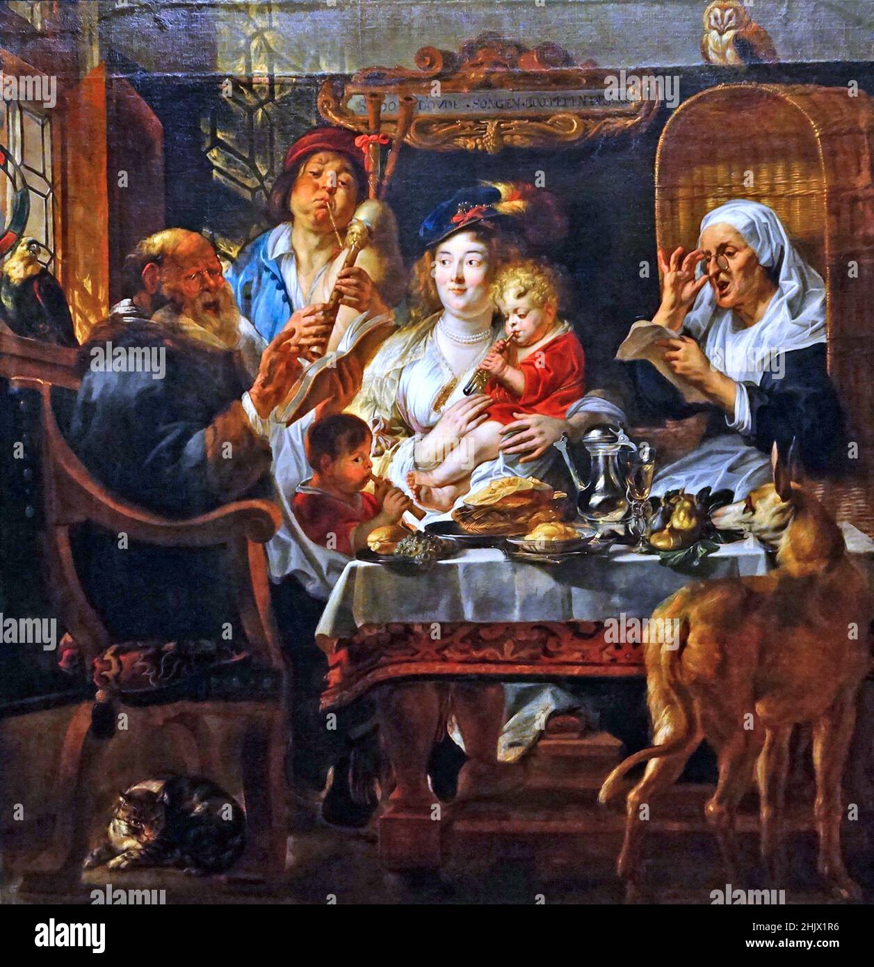 Come il vecchio cantò, così pipa il giovane da Jacob Jordaens 1593-1678. Pittore fiammingo noto per dipinti di storia, scene di genere e ritratti. Pittore fiammingo barocco dopo Peter Paul Rubens e Anthony van Dyck. Foto Stock