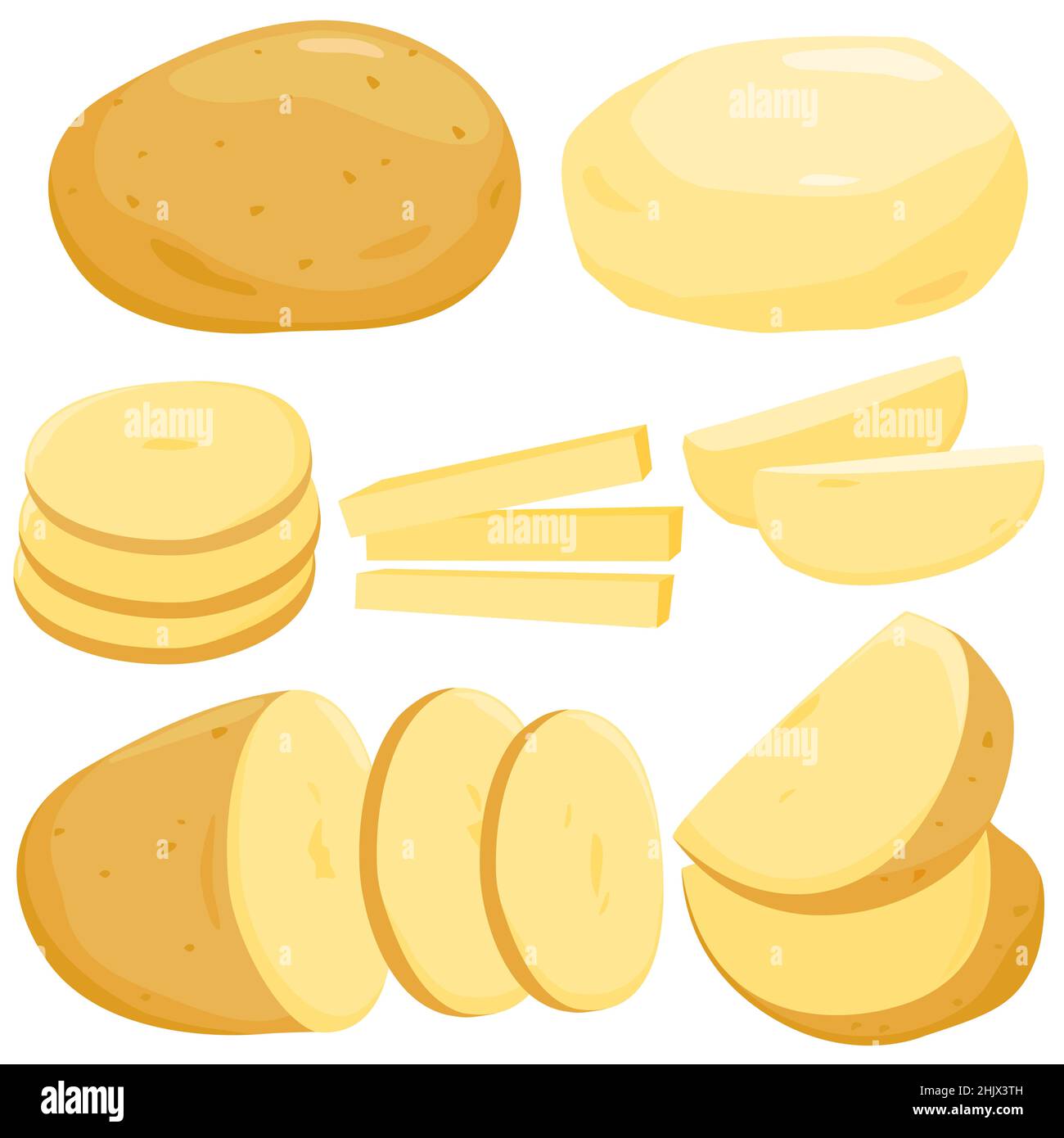 Patate intere, affettate e sbucciate. Foto Stock