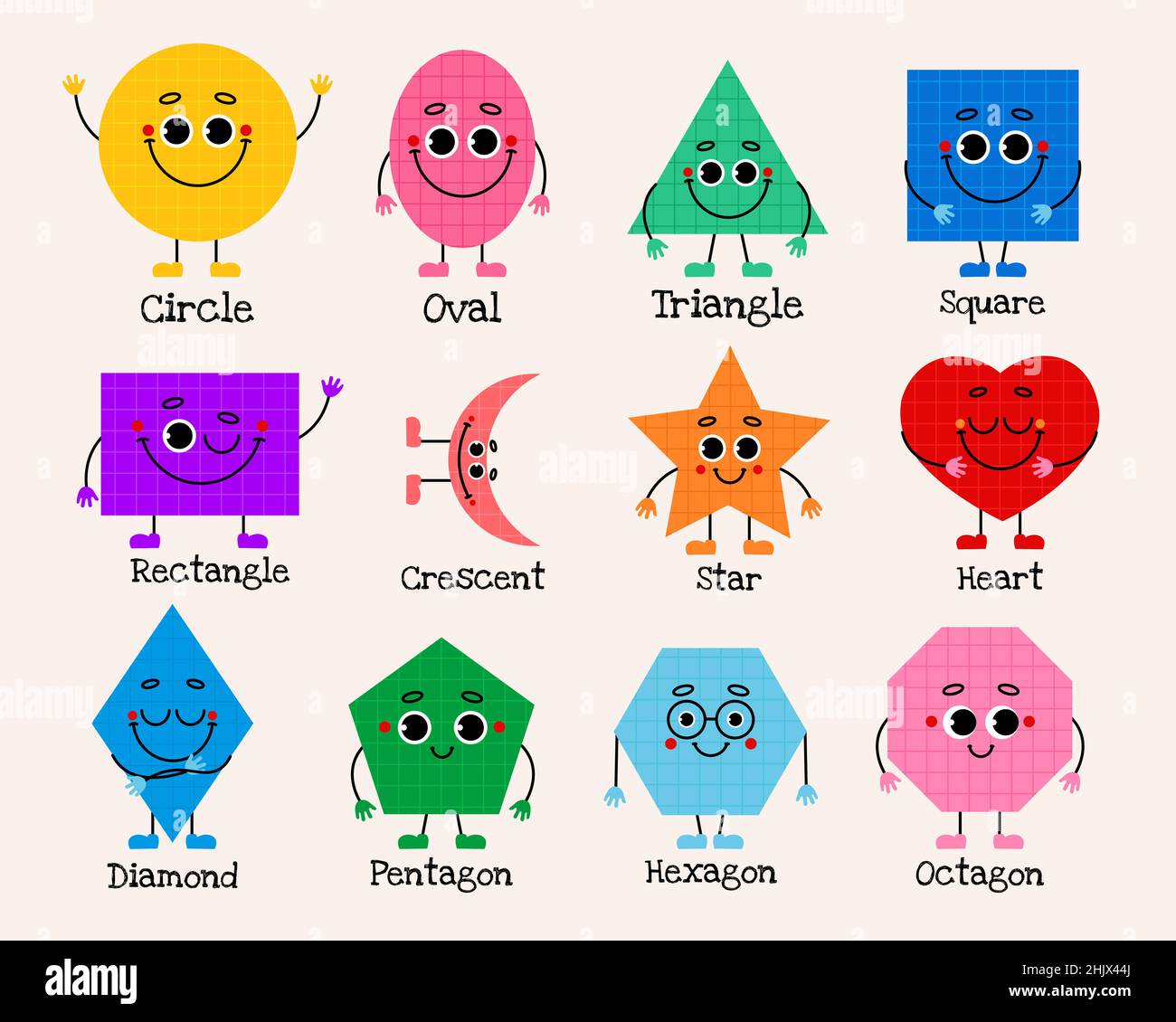 Forme geometriche per bambini. Set di simpatici emoji divertenti e brillanti con viso, braccia e gambe per bambini. Illustrazione vettoriale in stile trendy Illustrazione Vettoriale