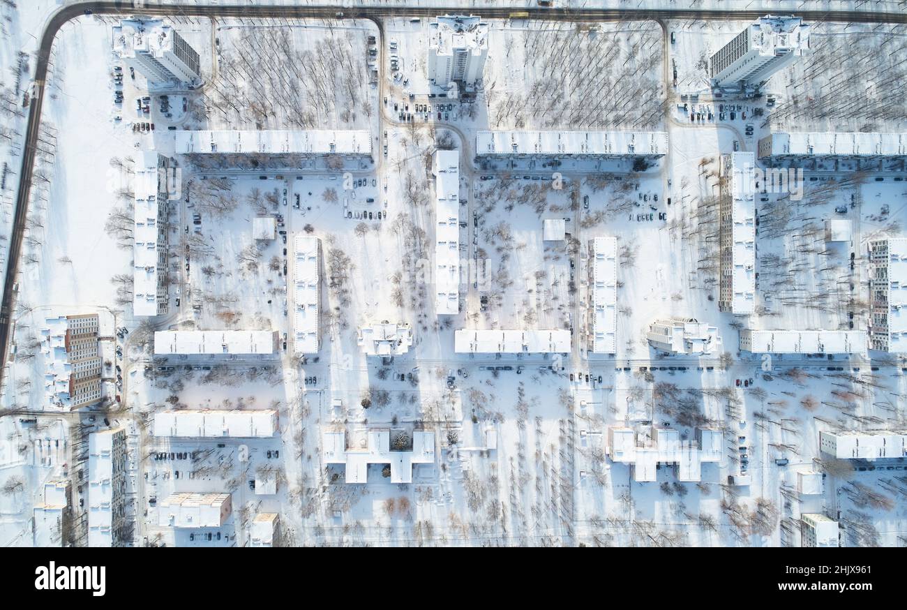 Astratto inverno città sfondo aereo sopra la vista del drone superiore Foto Stock