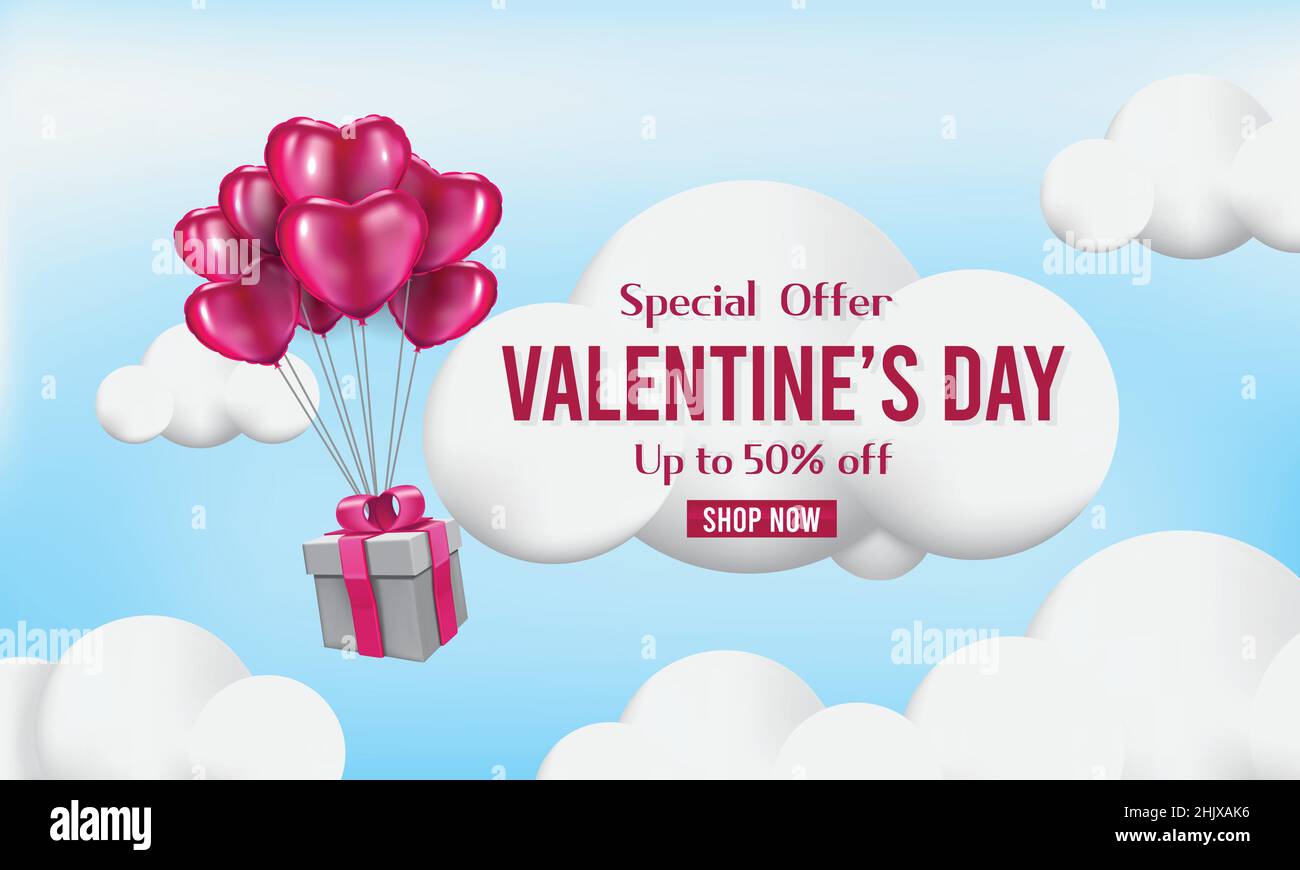 Scatole regalo con pallone a cuore che lo galleggia il cielo, banner buon San Valentino, 3D stile realistico Illustrazione Vettoriale