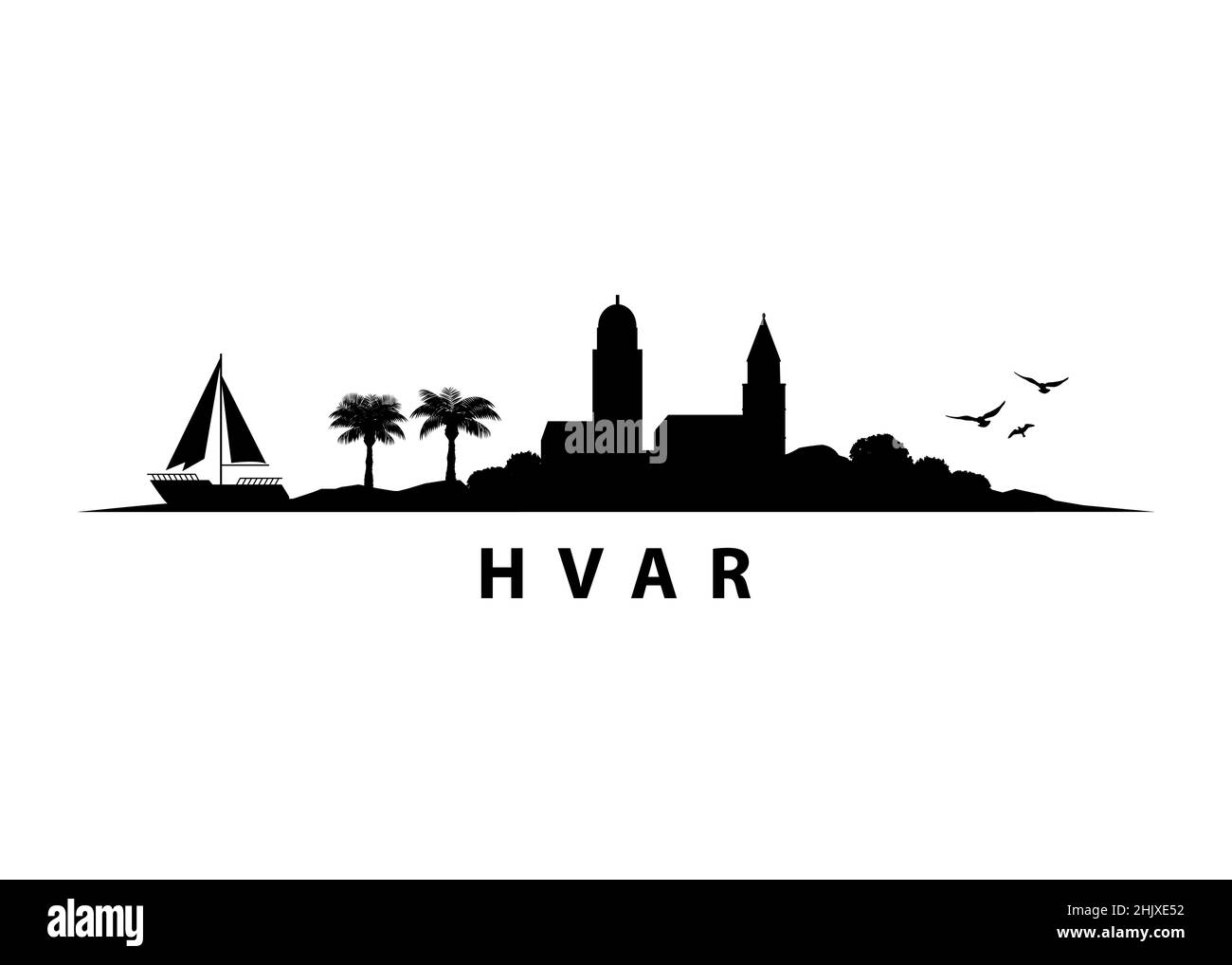 Hvar, panorama dello skyline dell'isola croata Illustrazione Vettoriale