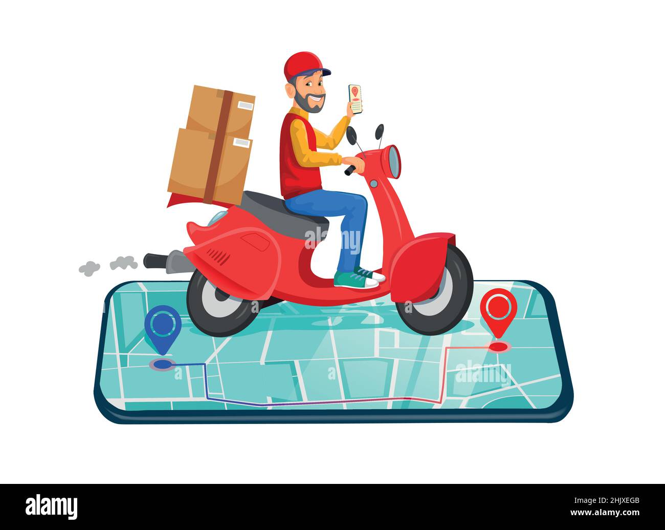 Ordine online e consegna tramite scooter concept con box e mappa di localizzazione, oltre a un sito web di shopping online su un telefono cellulare Illustrazione Vettoriale