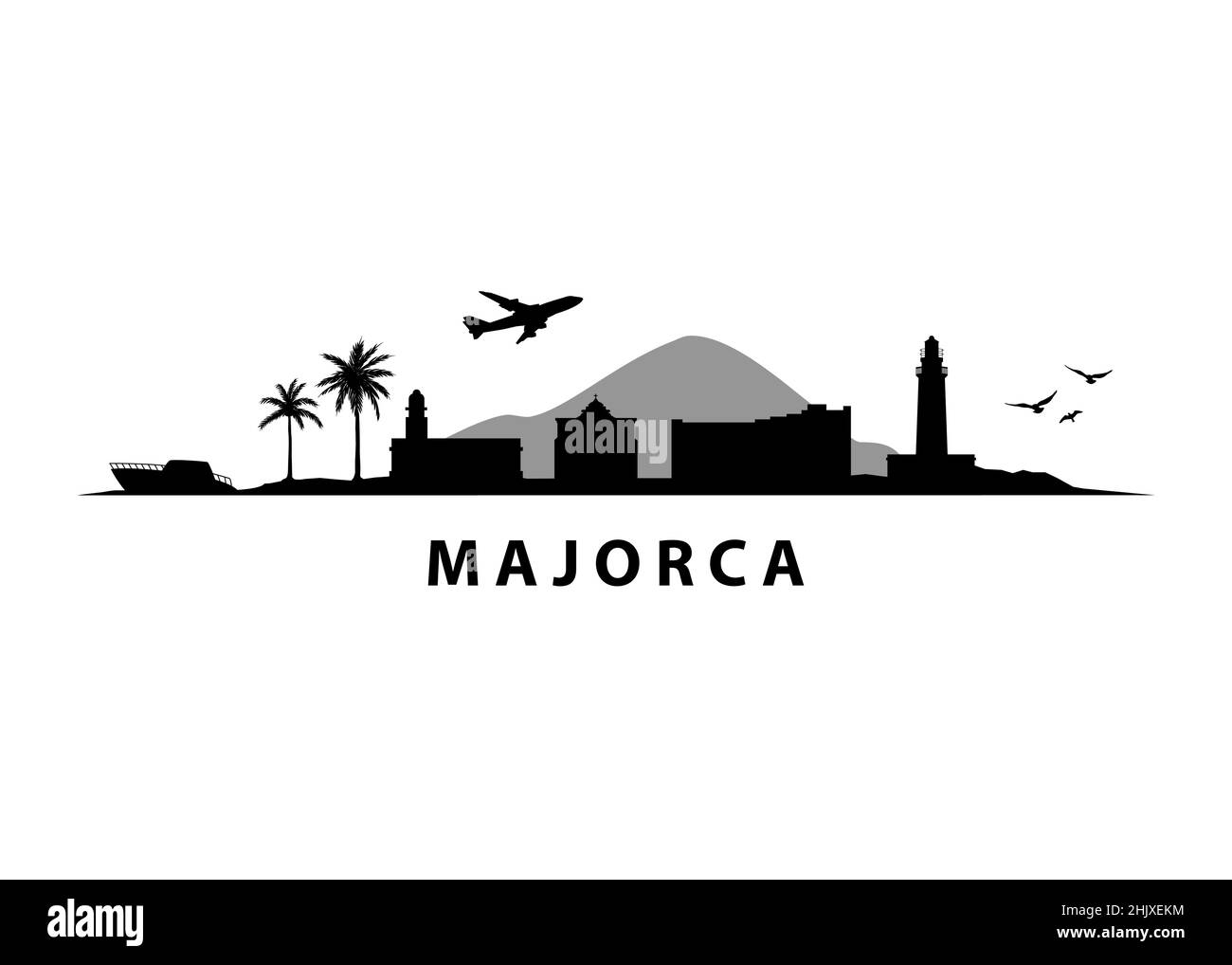 Maiorca Spagna Tropical Island Paesaggio | Black Vector Graphic Silhouette Illustrazione Vettoriale