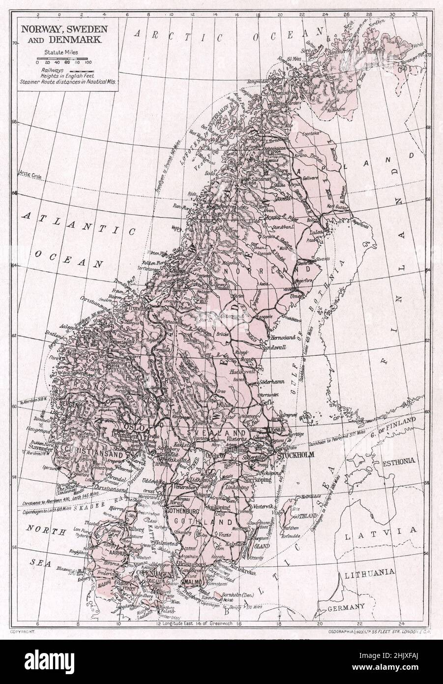 Mappa di Norvegia, Svezia e Danimarca. Scandinavia (1925) Foto Stock