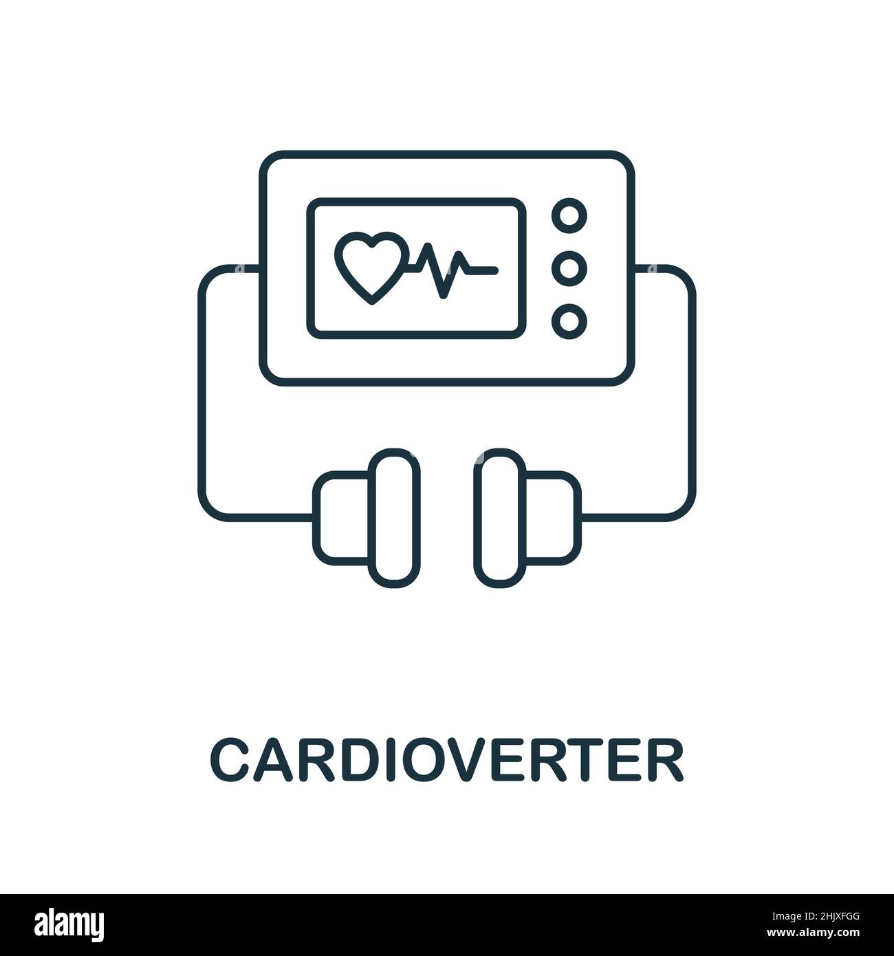 Icona del cardioversore. Elemento di linea dalla raccolta delle apparecchiature mediche. Simbolo dell'icona del cardioverter lineare per il web design, l'infografia e altro ancora. Illustrazione Vettoriale