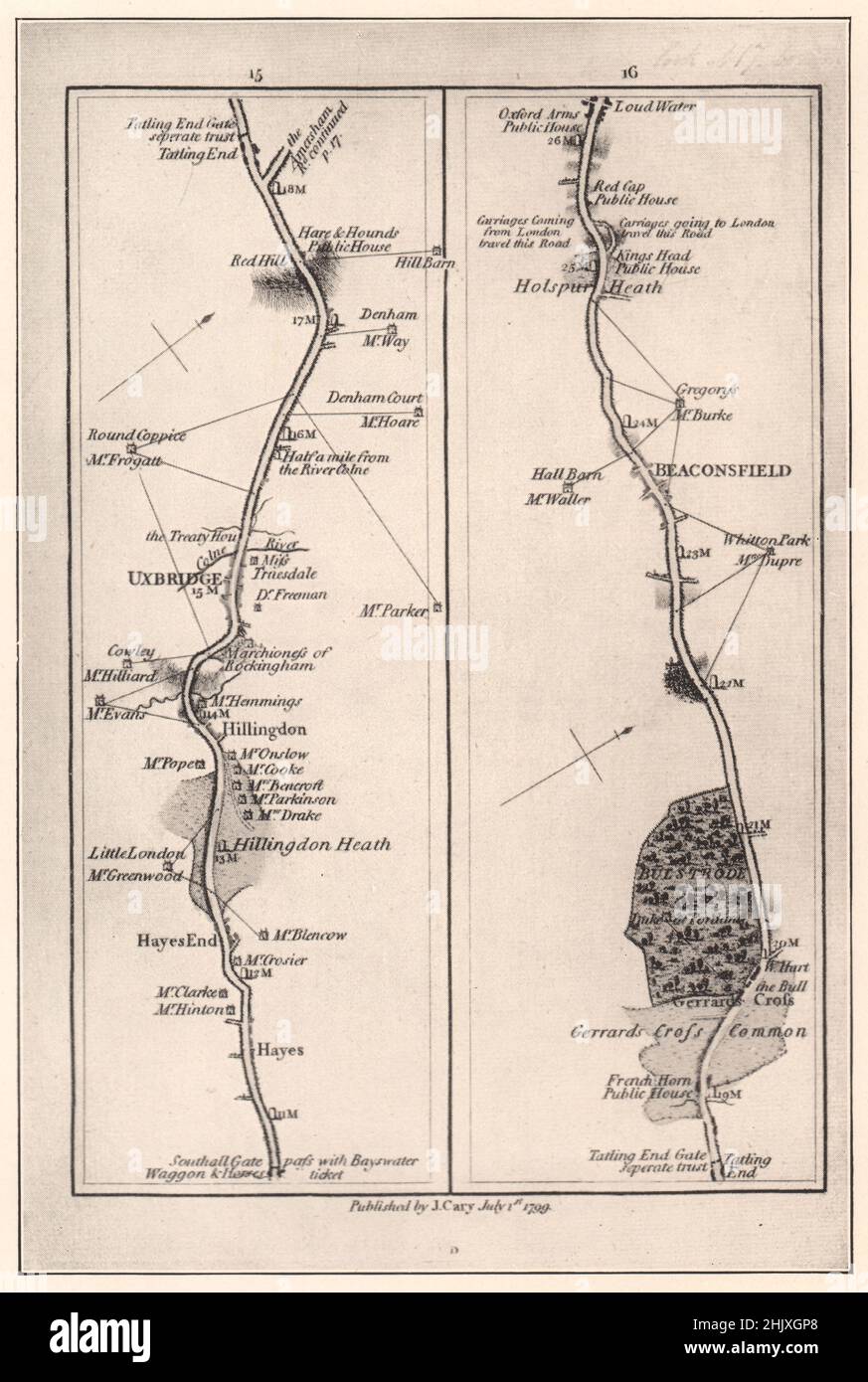 La strada principale da Uxbridge a High Wycombe (da Cary's 'High Roads from London,' pubblicato nel 1799). Buckinghamshire (mappa 1932) Foto Stock