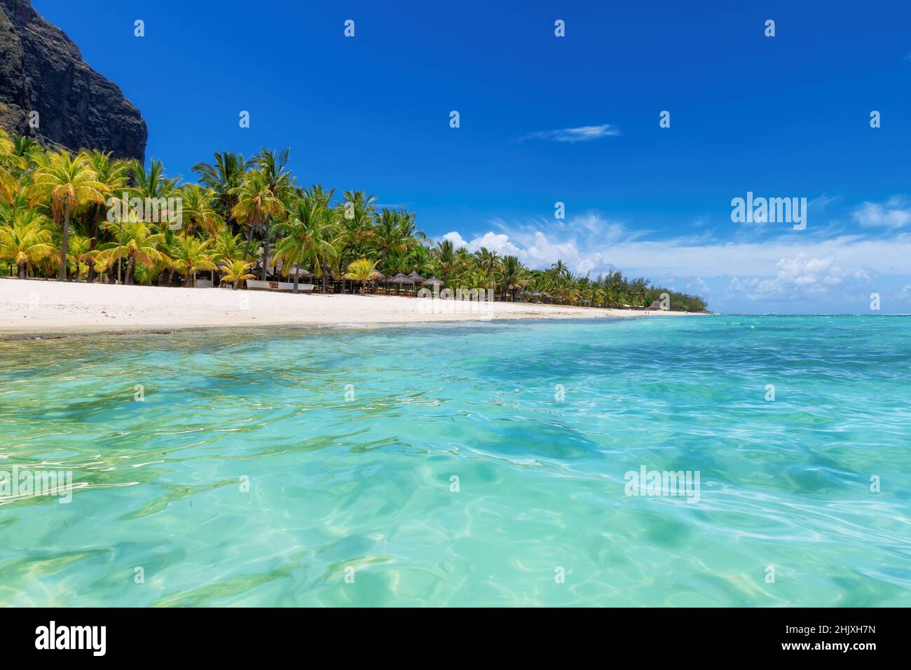 Bellissima spiaggia le Morne con palme dal mare tropicale dell'isola Mauritius. Foto Stock