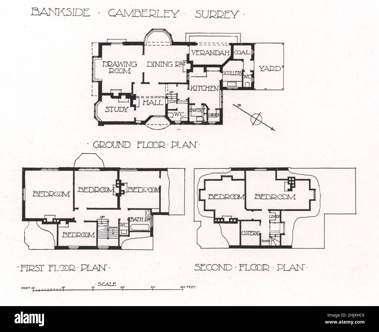 Bankside - Camberley Surrey- pianta del piano terra, pianta del primo piano, pianta del secondo piano. H. R. & B. A. Poulter, Architetti (1908) Foto Stock