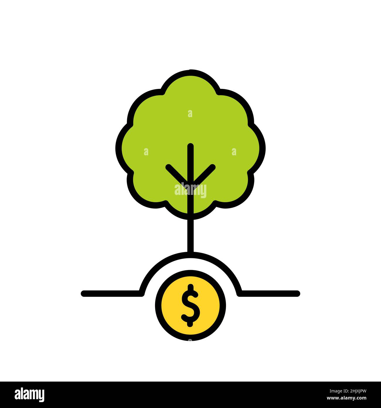 Icona del concetto di credito al carbonio. Albero con una moneta da dollaro. Idea di offset del carbonio. Riduzione delle emissioni di gas a effetto serra. Concetto di neutralità del carbonio. Vettore. Illustrazione Vettoriale