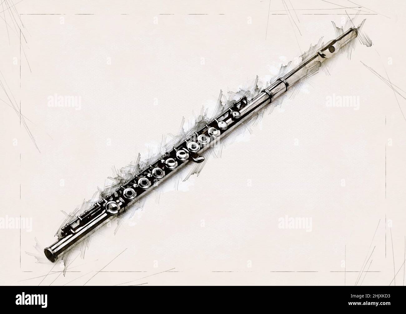 Illustrazione schizzo di un flauto d'argento classico su carta spelata Foto Stock