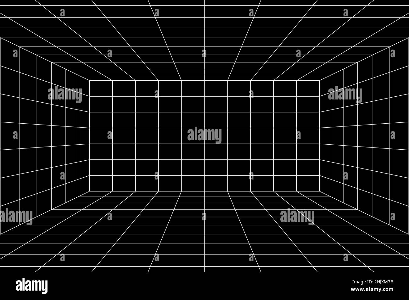 3d griglia digitale bianca dello spazio della stanza nera con una prospettiva a un punto. Sfondo geometrico vuoto dello studio del cyberspazio. Scena virtuale a tre dimensioni. EAS Illustrazione Vettoriale