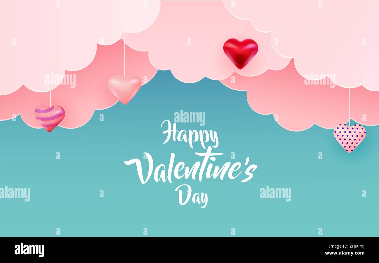 Banner di saluto Buon San Valentino.. Cuori di carta e nuvole. Illustrazione vettoriale Illustrazione Vettoriale