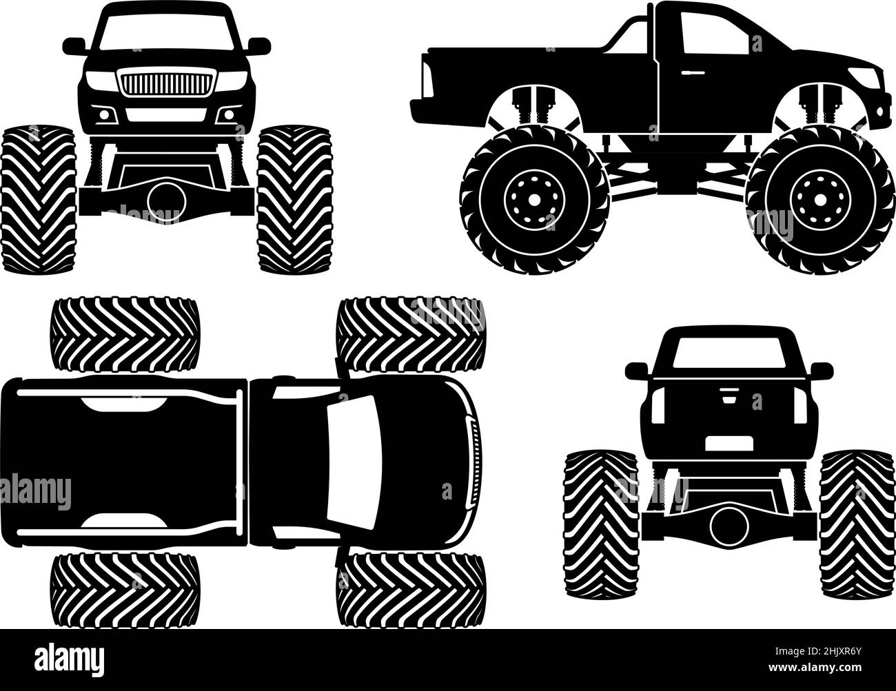 Silhouette Monster Truck su sfondo bianco. Le icone monocromatiche dell'auto Bigfoot consentono di impostare la visualizzazione laterale, anteriore, posteriore e superiore Illustrazione Vettoriale