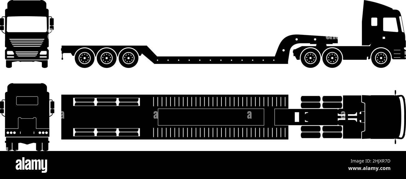 Sagoma del rimorchio Lowboy su sfondo bianco. Le icone monocromatiche del veicolo consentono di impostare la vista laterale, anteriore, posteriore e superiore Illustrazione Vettoriale