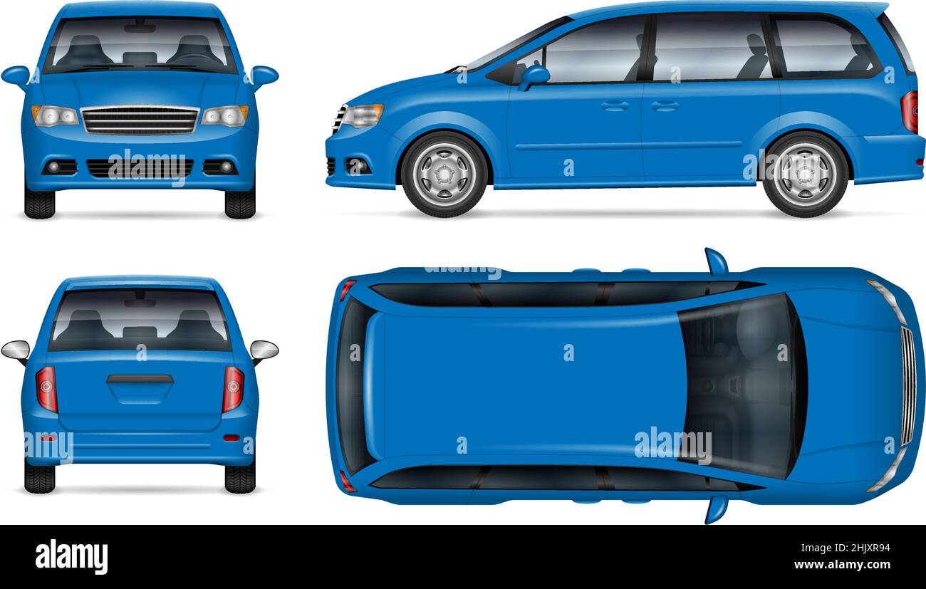 Mockup vettoriale in minivan blu su sfondo bianco per il branding del veicolo, identità aziendale. Tutti gli elementi nei gruppi su livelli separati Illustrazione Vettoriale