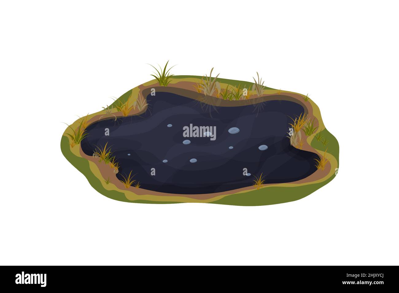 Pudle di fango sporco, palude con pietra, erba in stile cartoon isolato su sfondo bianco. Terreno umido naturale, laghetto forestale, clip lago art. . Illustrazione vettoriale Illustrazione Vettoriale