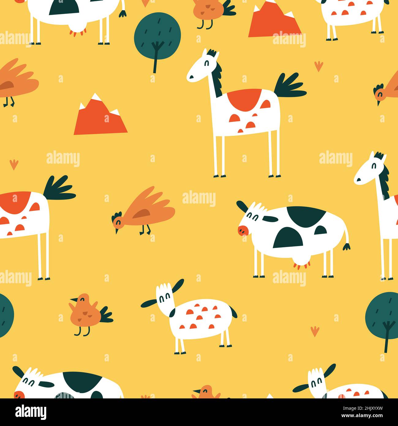 Vettore flat illusioni insieme di animali in piedi - cavallo, mucca, pollo e uccello con pecora. Personaggi divertenti per i bambini. Stile cartoon senza cuciture Illustrazione Vettoriale