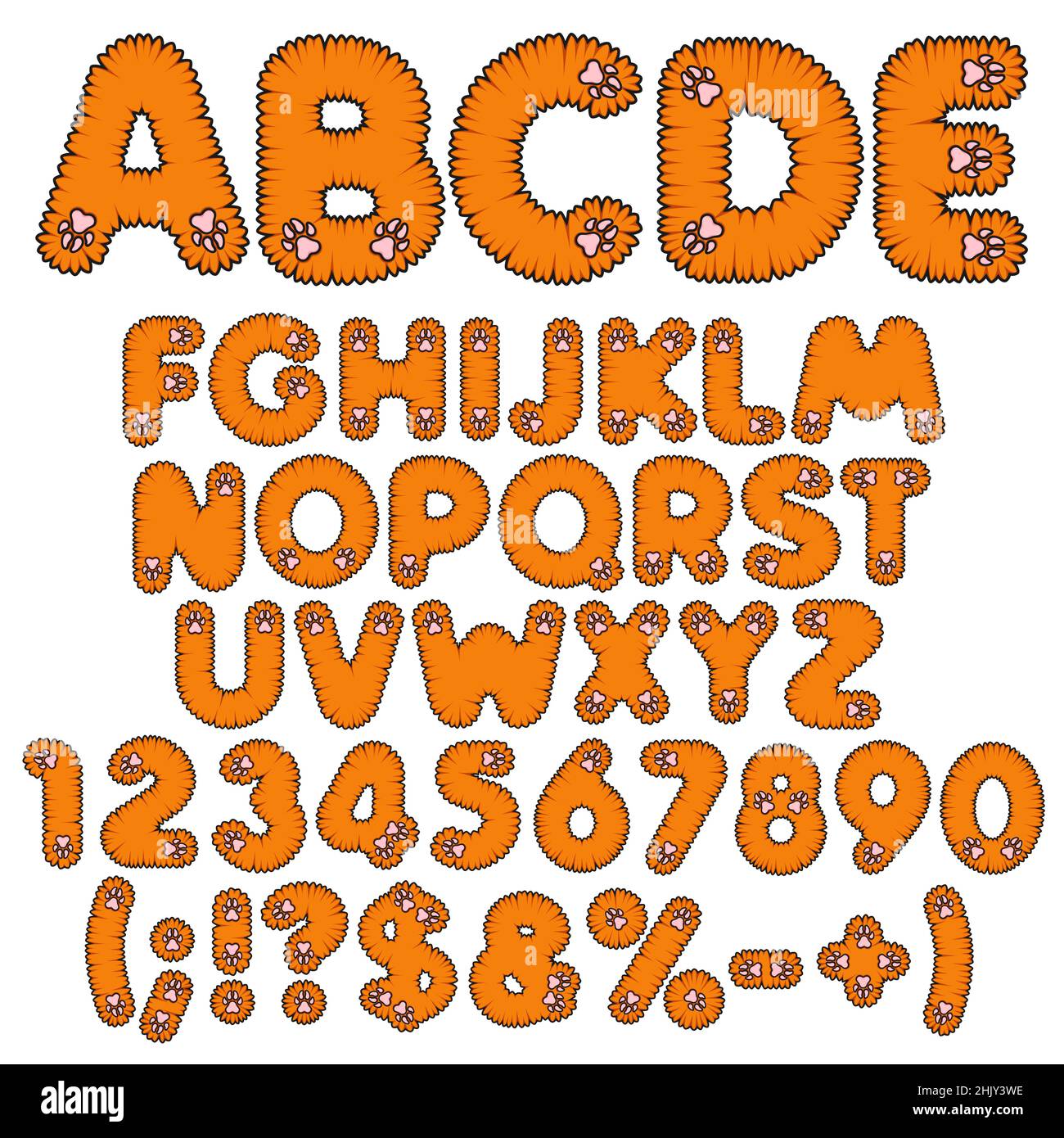 Morbido alfabeto rosso, lettere, numeri e segni con zampe rosa. Set di oggetti vettoriali isolati su sfondo bianco. Illustrazione Vettoriale