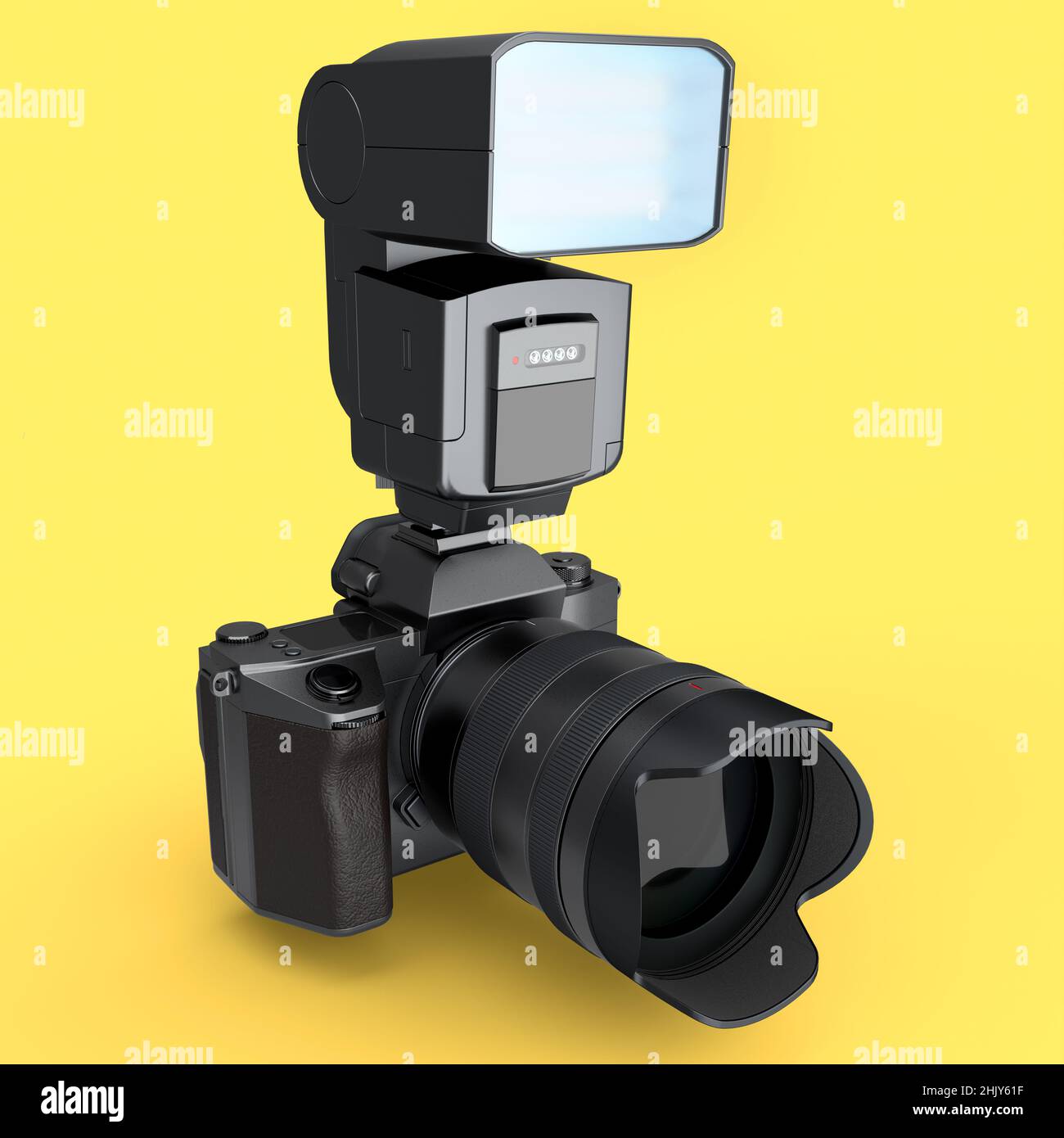 Fotocamera DSLR inesistente con obiettivo e flash esterno speedlight giallo. Foto Stock