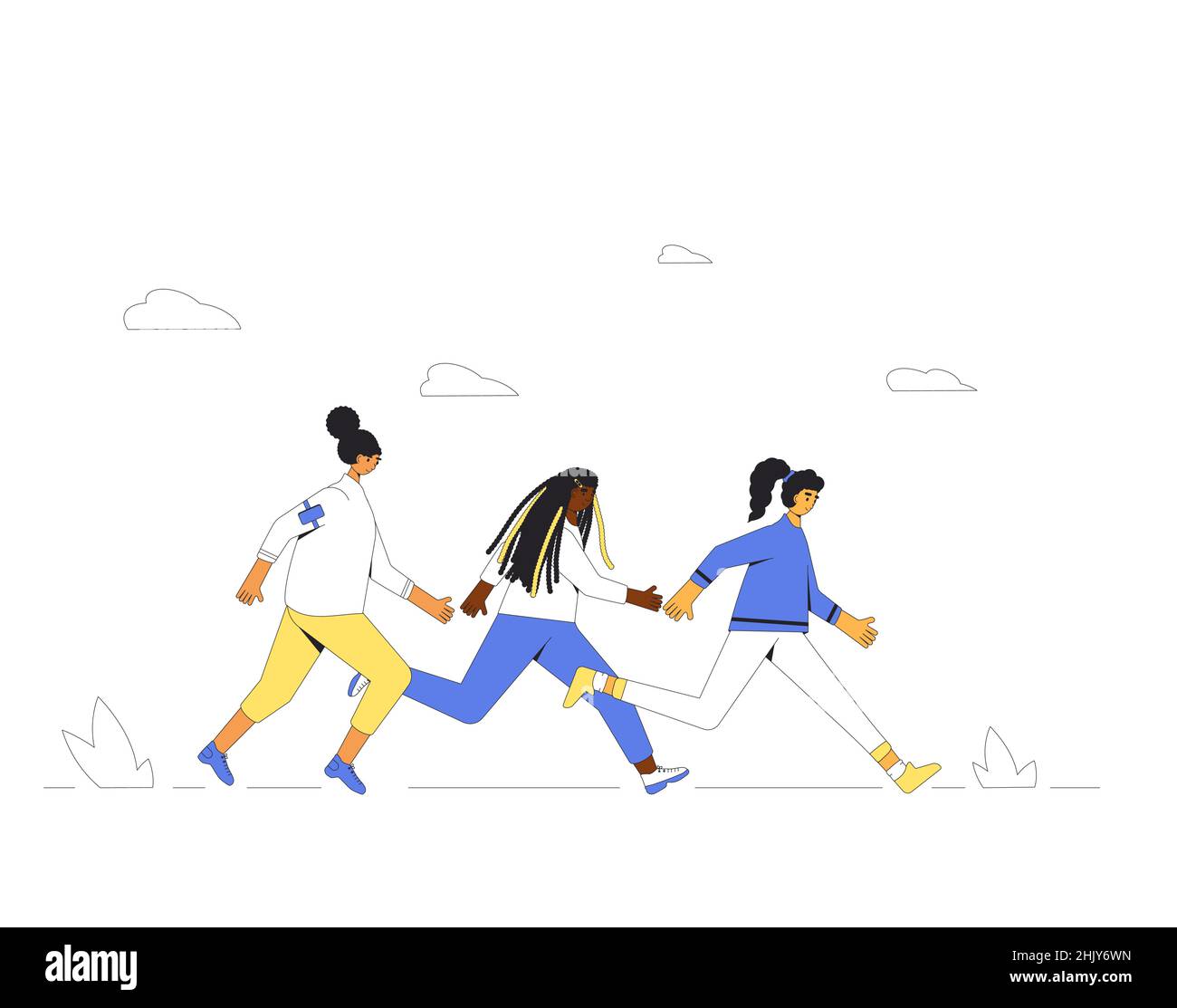 Donne in corsa. Tre donne corridori, atleti, persone sportive. Diverse artipiation in gare sportive, gare atletiche. Maratona, esercizio. Jogge Illustrazione Vettoriale