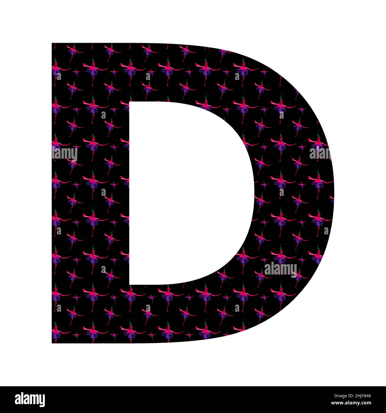 Lettera D dell'alfabeto fatta con un motivo di fiori rosa fucsia su sfondo nero, isolato su sfondo bianco, vettore Illustrazione Vettoriale