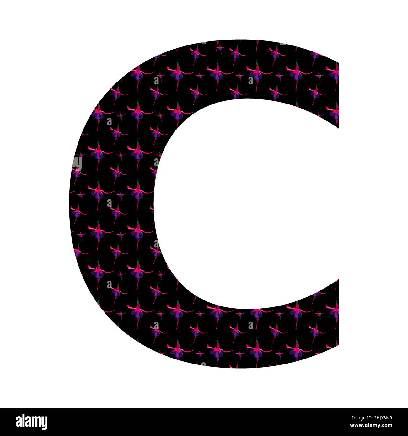Lettera C dell'alfabeto fatto con un motivo di fiori rosa fucsia su sfondo nero, isolato su sfondo bianco, vettore Illustrazione Vettoriale