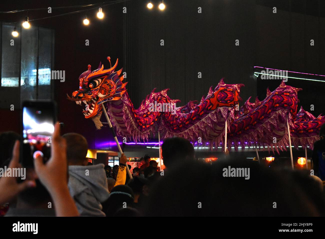 Spettacolo di danza del drago fuori dal centro commerciale durante il festival cinese del nuovo anno. Surakarta, Indonesia. Foto Stock
