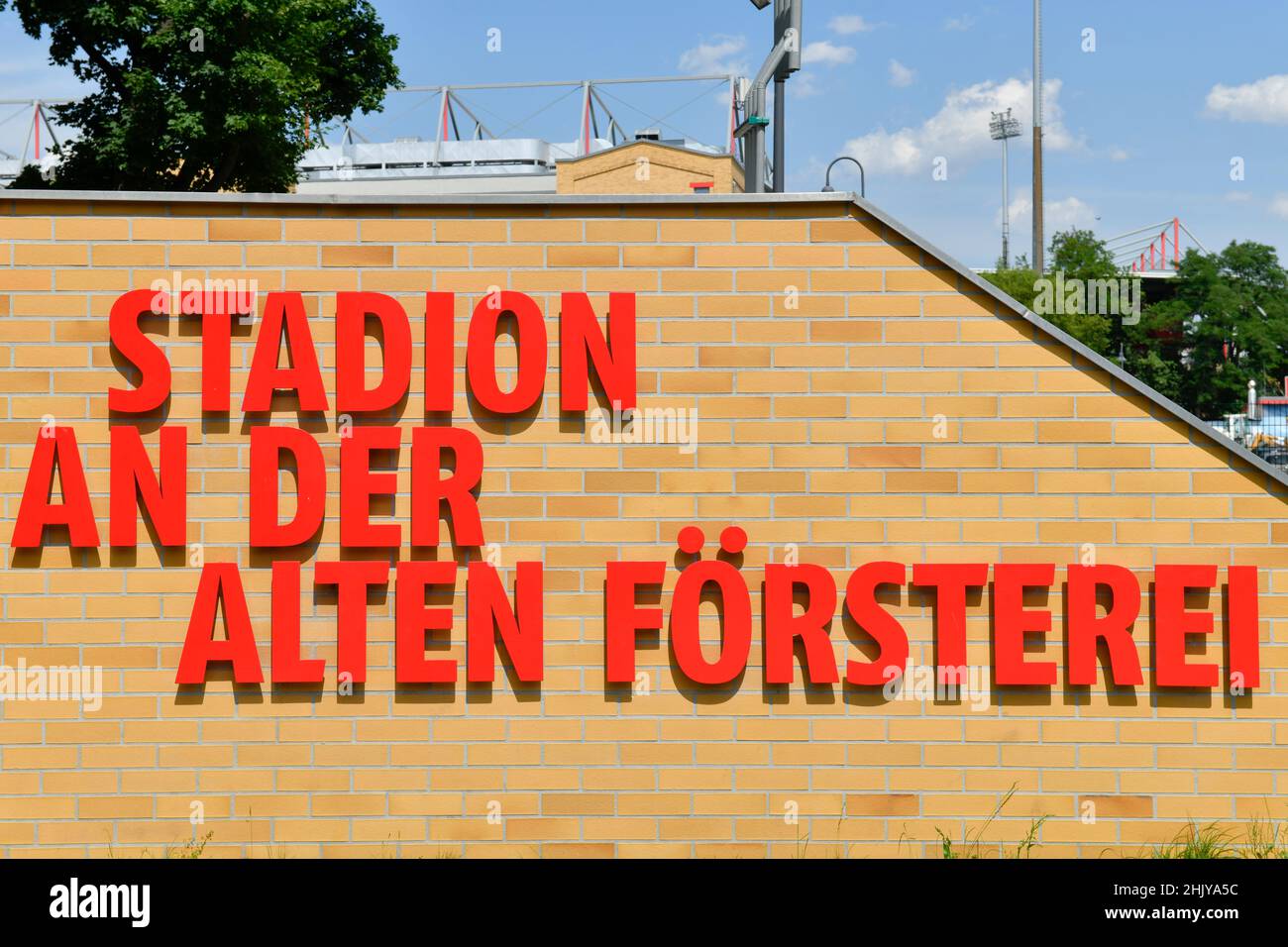 Schriftzug, Stadion An der Alten Försterei, 1. FC Union Berlin Köpenick, Treptow-Köpenick, Berlino, Deutschland Foto Stock