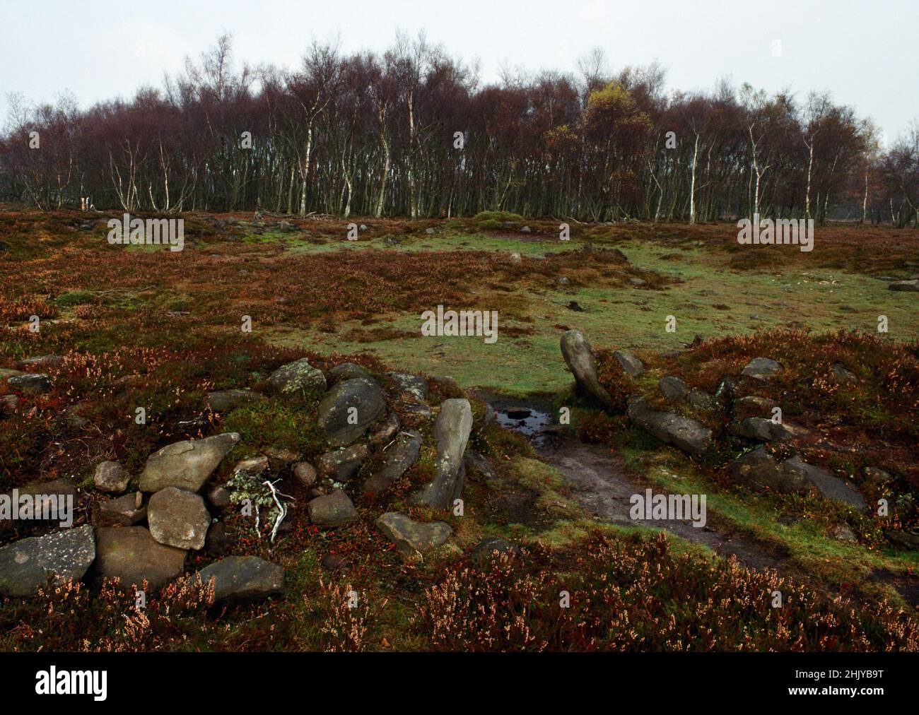 Visualizza NNE attraverso l'ingresso S della banca circolare centrale, Stanton Moor, Derbyshire, Inghilterra, Regno Unito: Un recinto triangolare arrotondato con il suo apice a N. Foto Stock