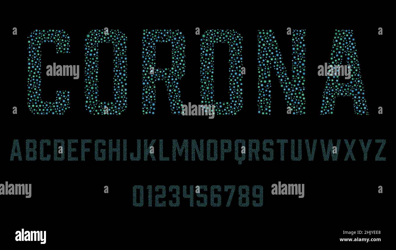 Set di alfabeti caratteri lettere e numeri moderno disegno astratto con virus glyph simbolo illustrazione vettore Illustrazione Vettoriale