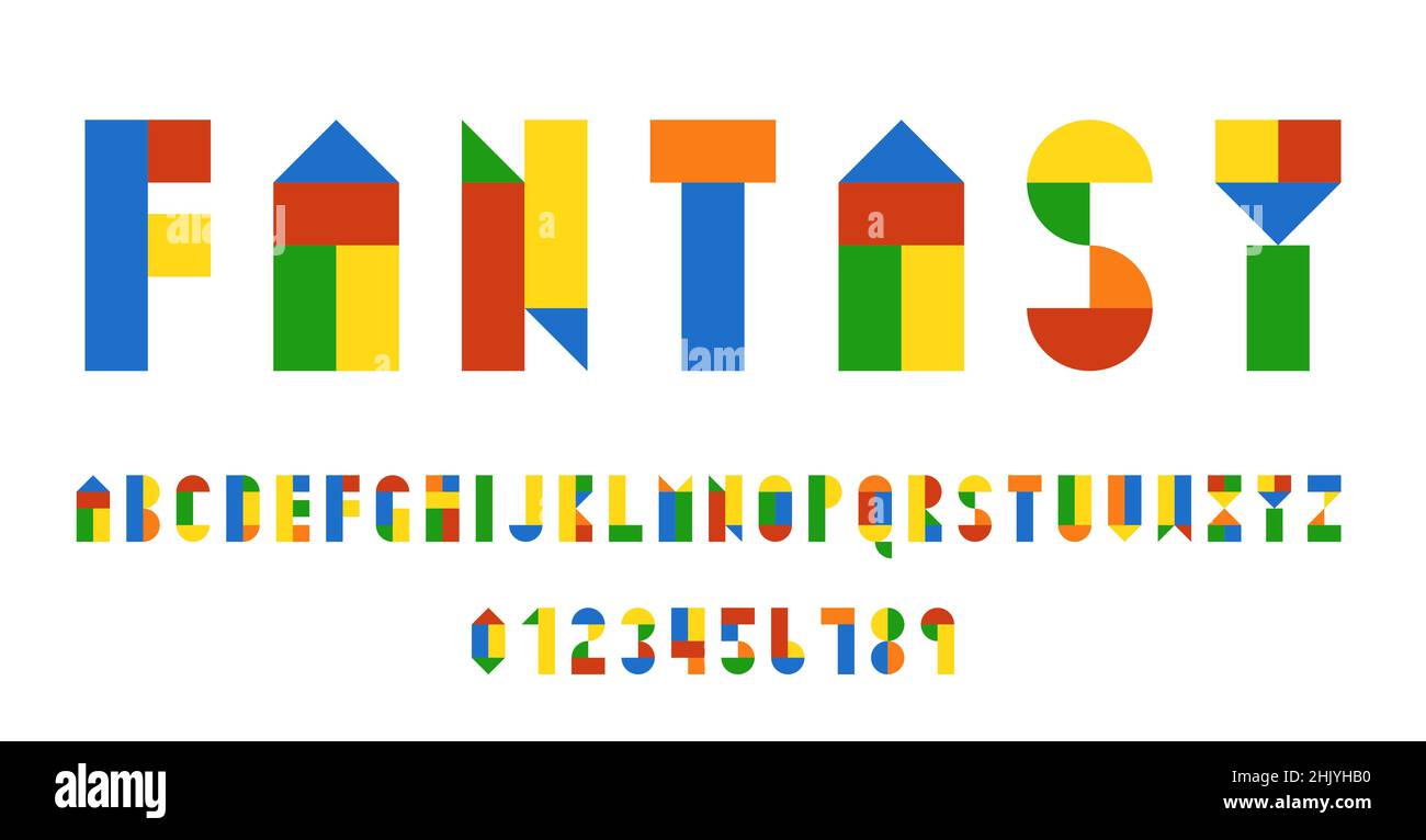 Set di alfabeti caratteri lettere e numeri moderno disegno astratto con forme geometriche illustrazione vettoriale Illustrazione Vettoriale