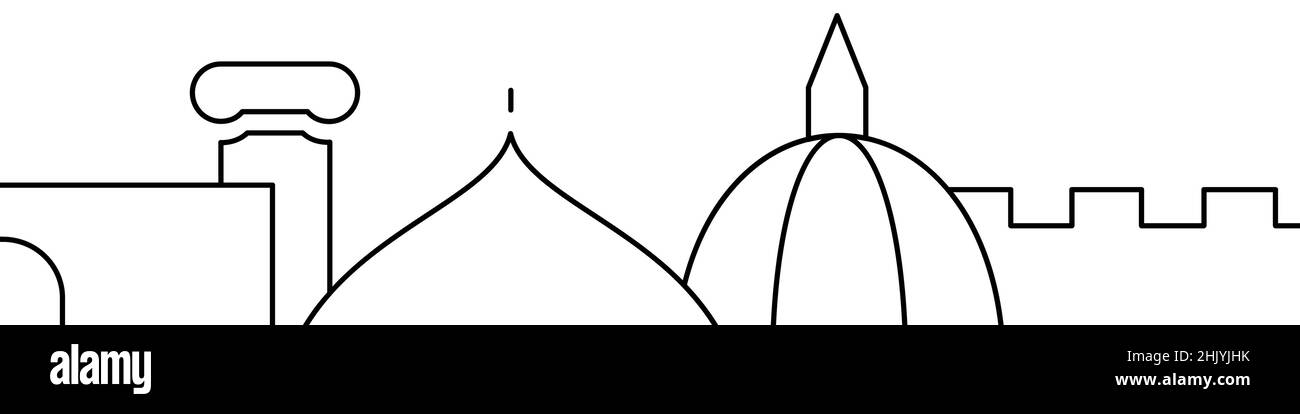 Banner orizzontale o sfondo del modello del bordo inferiore correlato alla vecchia architettura. Illustrazione vettoriale a linea piatta isolata su bianco. Illustrazione Vettoriale