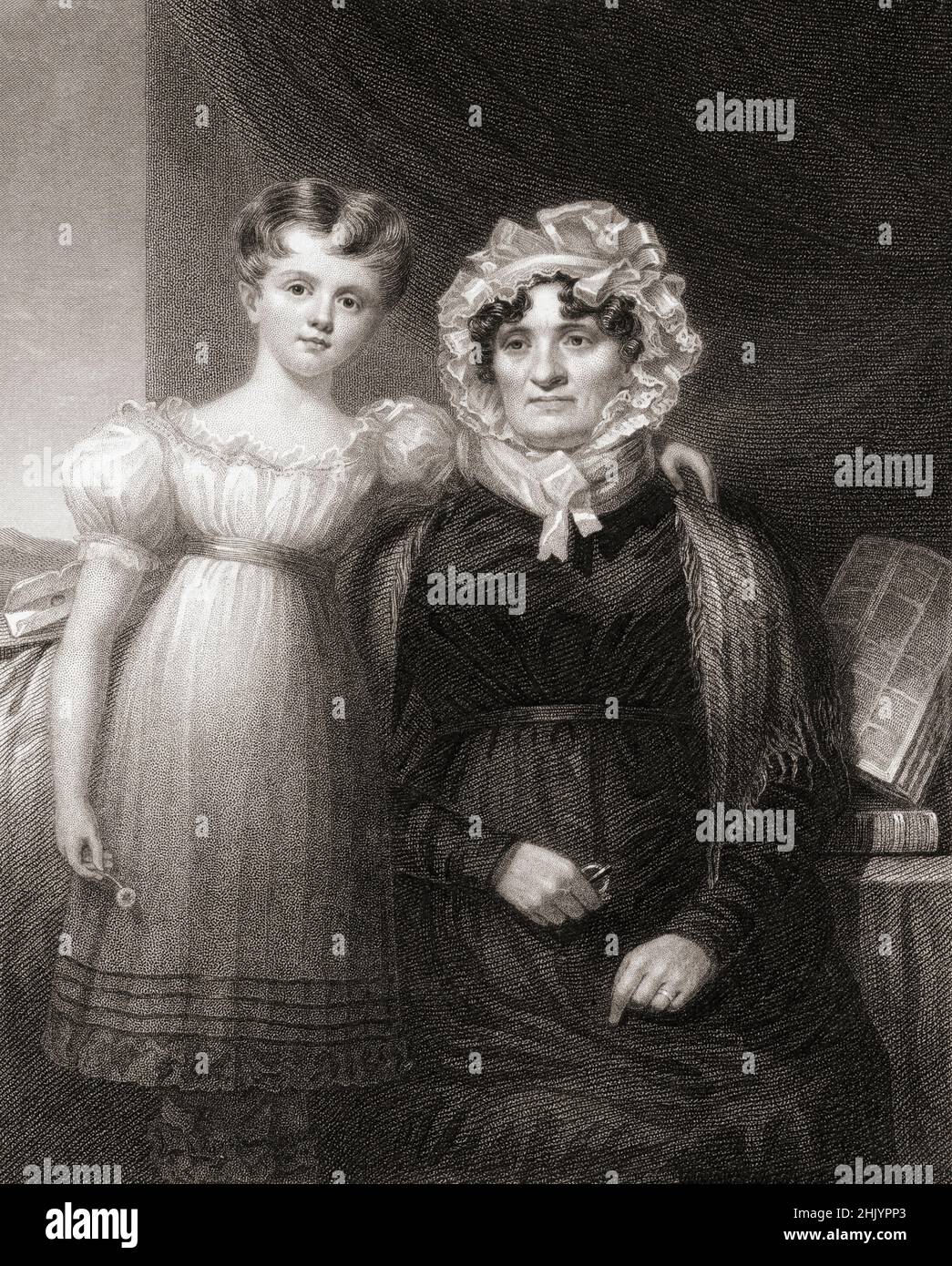 Jean Armor, 1765 - 1834. Moglie scozzese del poeta Robert Burns. Ha dato a Burns nove figli di cui solo tre sopravvissuti all'età adulta. La ragazza accanto alla signora Burns è uno dei suoi nipoti. Dopo un'incisione di William Holl. Foto Stock