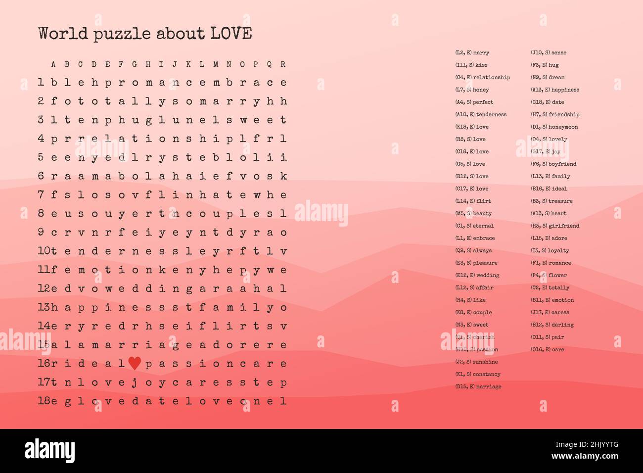 Valentines giorno parola puzzle crossword - trova le parole elencate sull'amore nel puzzle di lavoro cervello. Attenzione test, gioco indovinello in inglese. Le parole sono situate in avanti e in basso Illustrazione Vettoriale