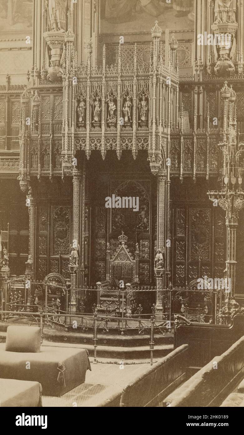 Antica fotografia del trono reale del 1890 nella House of Lords, Londra, Inghilterra. FONTE: FOTO ORIGINALE DELL'ALBUME Foto Stock