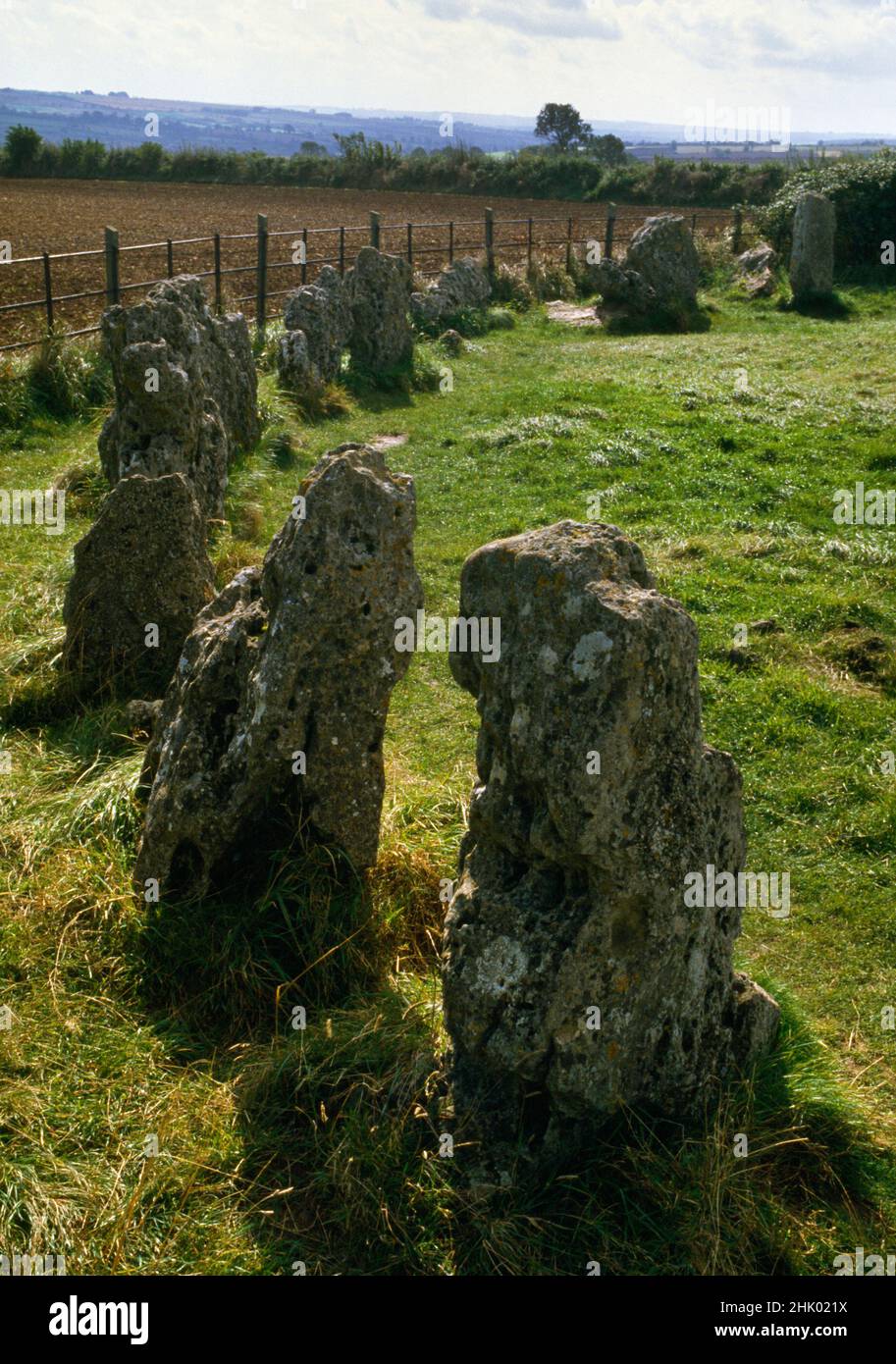 Visualizza S lungo e arco del Rollright pietre tardo neolitico cerchio di pietra (The King's Men), Oxfordshire, Inghilterra, Regno Unito. Originariamente 100+ colonne di calcare. Foto Stock