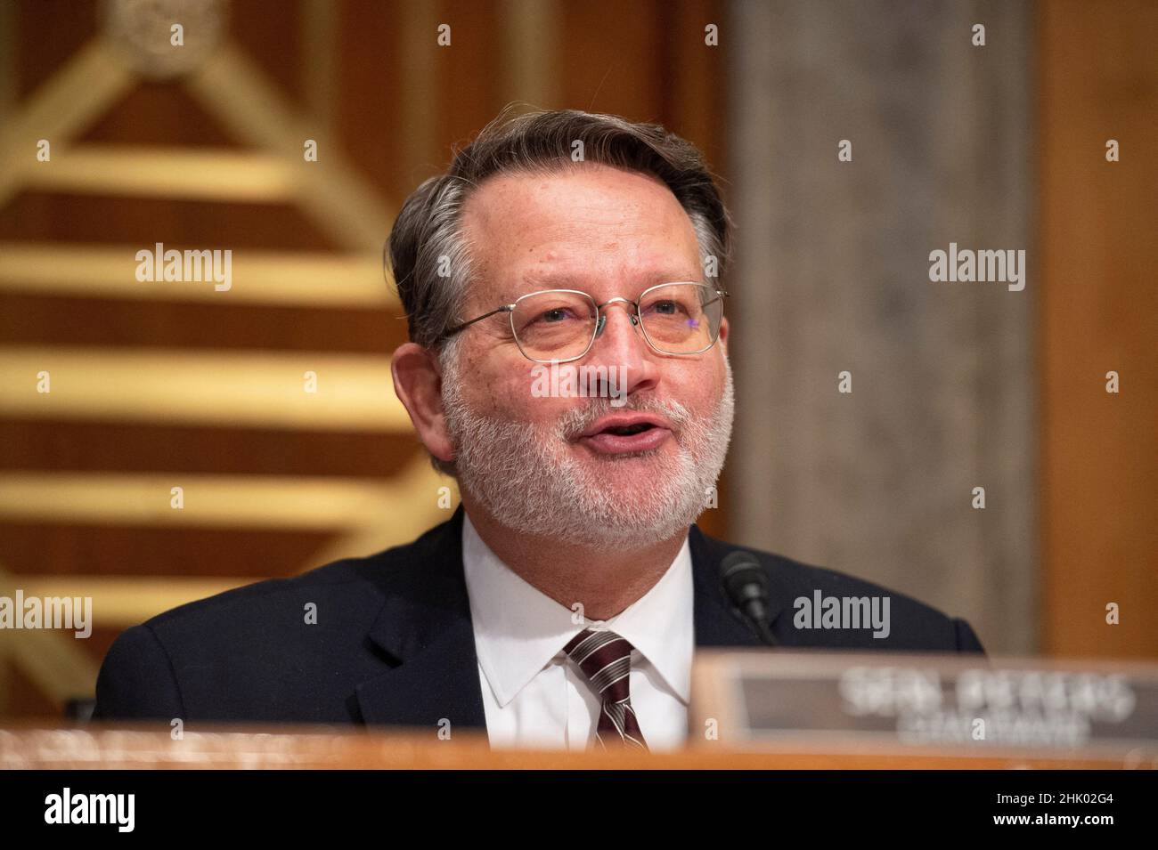Il Presidente della Commissione per la sicurezza e gli affari governativi del Senato, Sen. Gary Peters, D-MI, interviene nel corso di un'audizione per esaminare le nomine di Shalanda D. Young, della Louisiana, per essere direttore e Nani Coloretti, della California, Essere Vice Direttore dell'Ufficio di Gestione e bilancio presso il Campidoglio degli Stati Uniti a Washington, DC martedì 1 febbraio 2022. Foto di Bonnie Cash/Pool/ABACAPRESS.COM Foto Stock