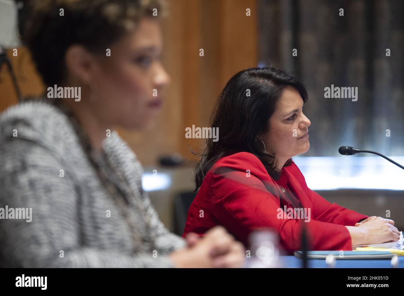 Washington, Stati Uniti. 01st Feb 2022. Nani Coloretti, dalla California, parla durante un'audizione del Senato Homeland Security and Governal Affairs Committee che la nomina come Vice Direttore dell'Ufficio di Gestione e bilancio presso il Campidoglio degli Stati Uniti a Washington, DC martedì 1 febbraio 2022. Foto di Bonnie Cash/UPI. Credit: UPI/Alamy Live News Foto Stock