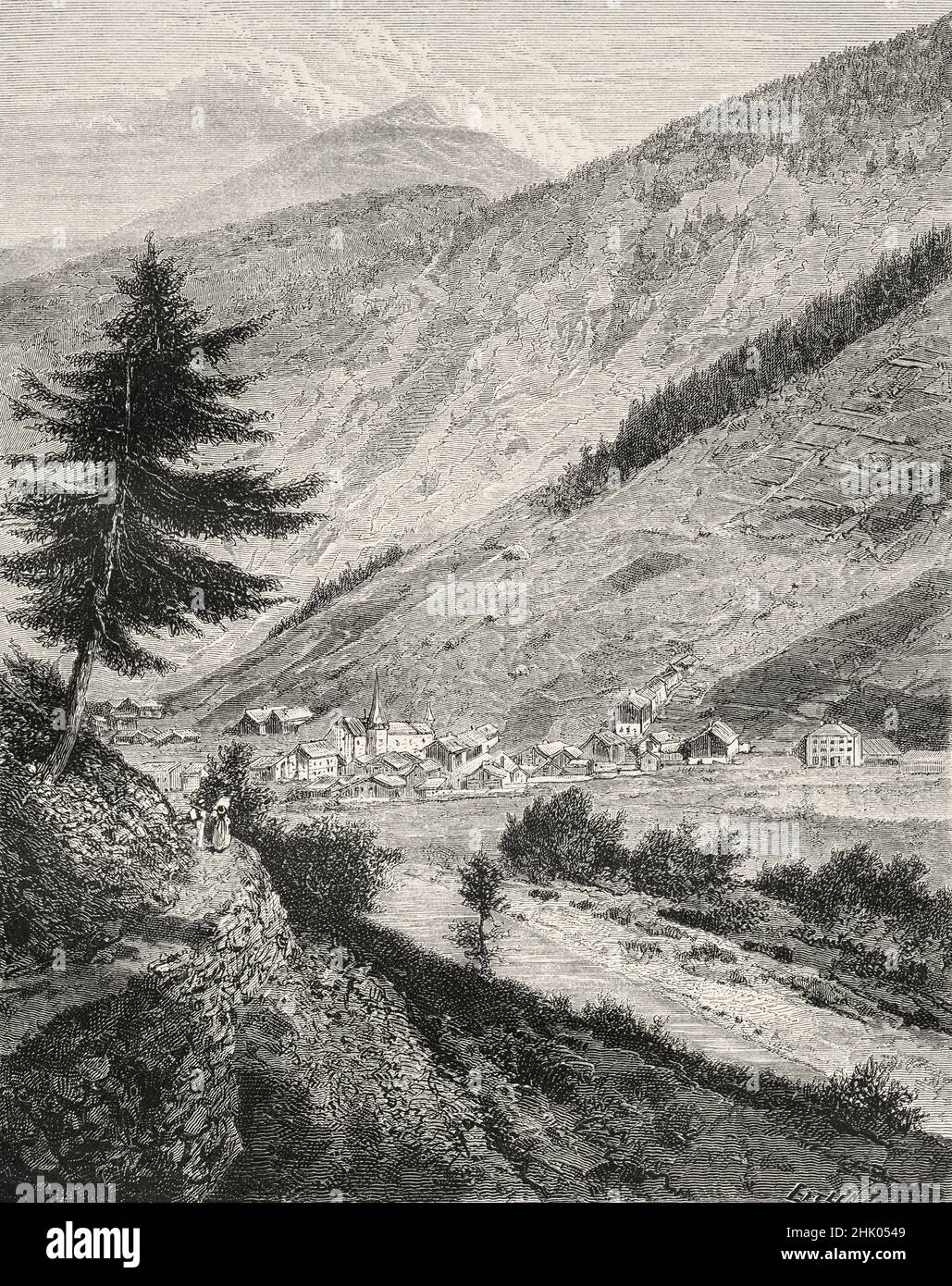 Vista di Saas-Fee, Svizzera. L'antica illustrazione del 19th secolo incisa dalle osservazioni sui ghiacciai del Viege e del massiccio del Monte Rosa nel 1866 di Charles Grad, le Tour du Monde 1870 Foto Stock