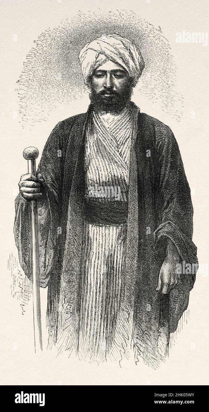 Ritratto del medico Leitner vestito in tipico costume afghano, Asia. Vecchia illustrazione incisa del 19th secolo da viaggio a Punjab e Kashmir di Guillaume Lejean, le Tour du Monde 1870 Foto Stock