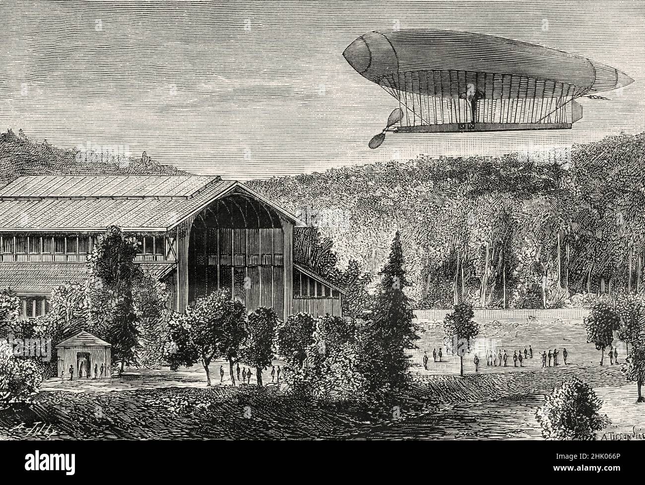 Il mongolfiera aerostatico di Renard e Krebs, sopra la fabbrica aeronautica Molitaire di Chalais, Meudon, 9 agosto 1884, Francia. Europa. Vecchia illustrazione incisa del 19th secolo da la Nature 1884 Foto Stock