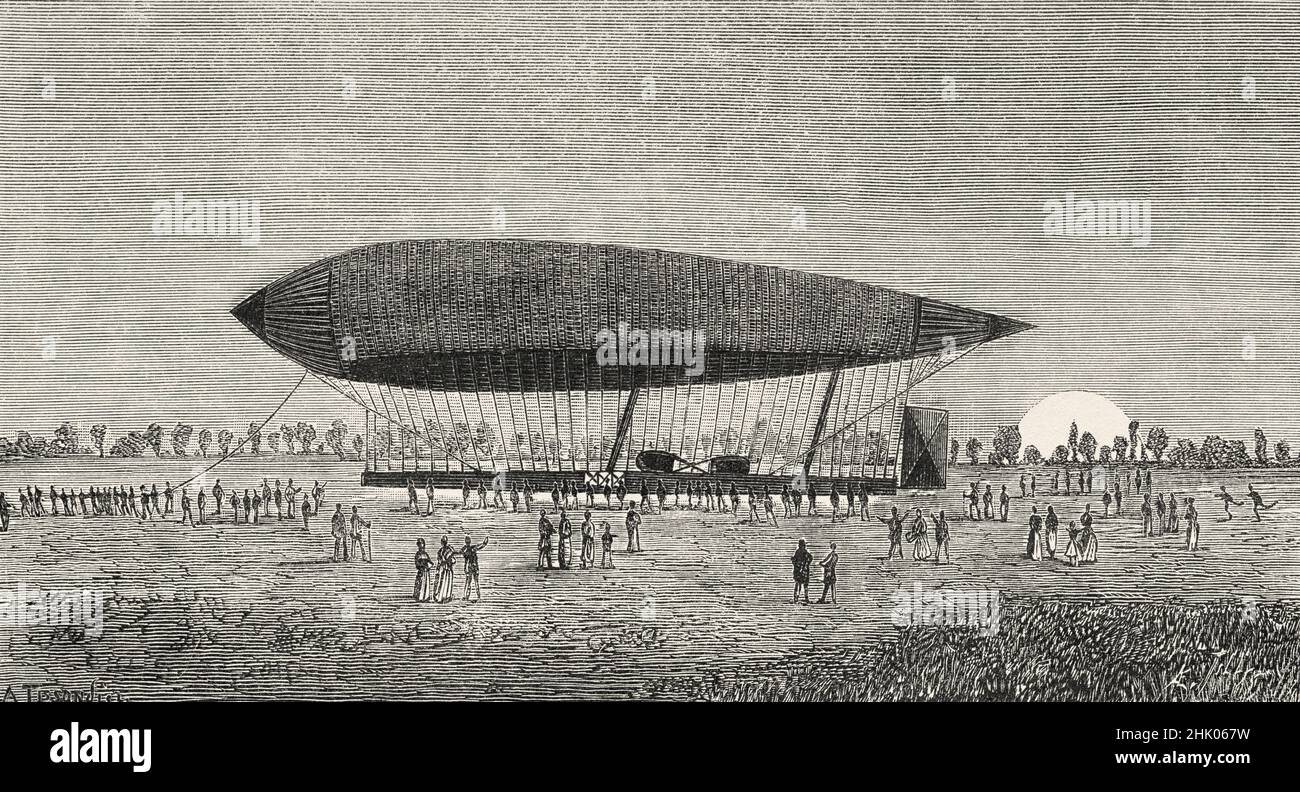 Il mongolfiera aerostatico elettrico di Renard e Krebs, Francia. Europa. Vecchia illustrazione incisa del 19th secolo da la Nature 1884 Foto Stock