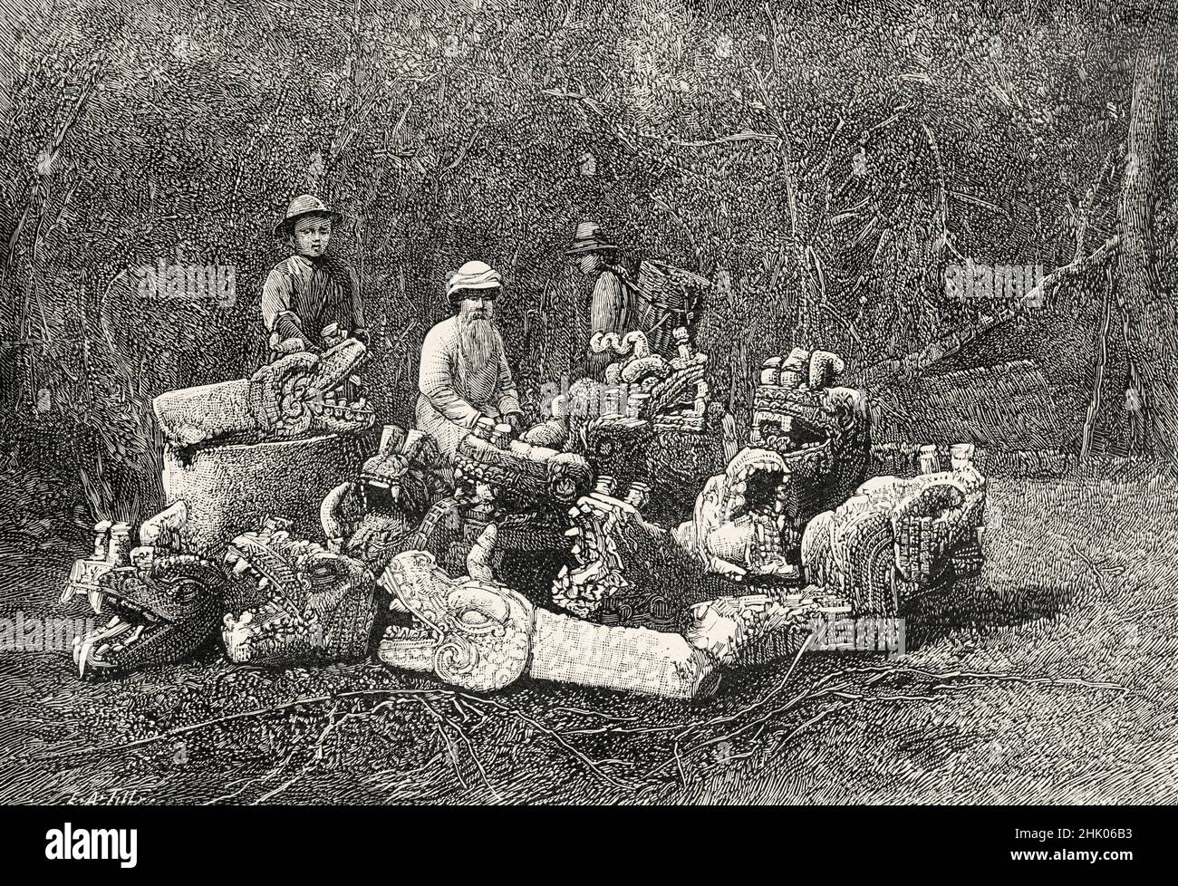 Le scoperte di Augusto Henry Julian le Plongeon (1826-1908) furono un archeologo e fotografo britannico-americano che studiò le rovine precolombiane dell'America, in particolare quelle della civiltà Maya nella penisola settentrionale di Yucatán, Messico, Sud America. Vecchia illustrazione incisa del 19th secolo da la Nature 1884 Foto Stock