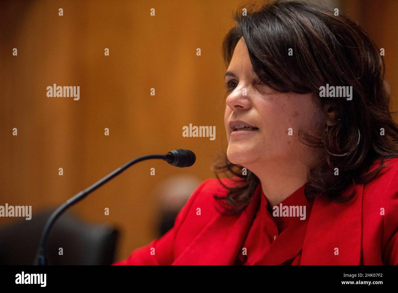 Washington, Vereinigte Staaten. 01st Feb 2022. Nani Coloretti, dalla California, parla ad un'audizione del Senato Homeland Security and Governal Affairs Committee che la nomina come Vice Direttore dell'Ufficio di Gestione e bilancio presso il Campidoglio degli Stati Uniti a Washington, DC martedì 1 febbraio 2022. Credit: Bonnie Cash/Pool via CNP/dpa/Alamy Live News Foto Stock