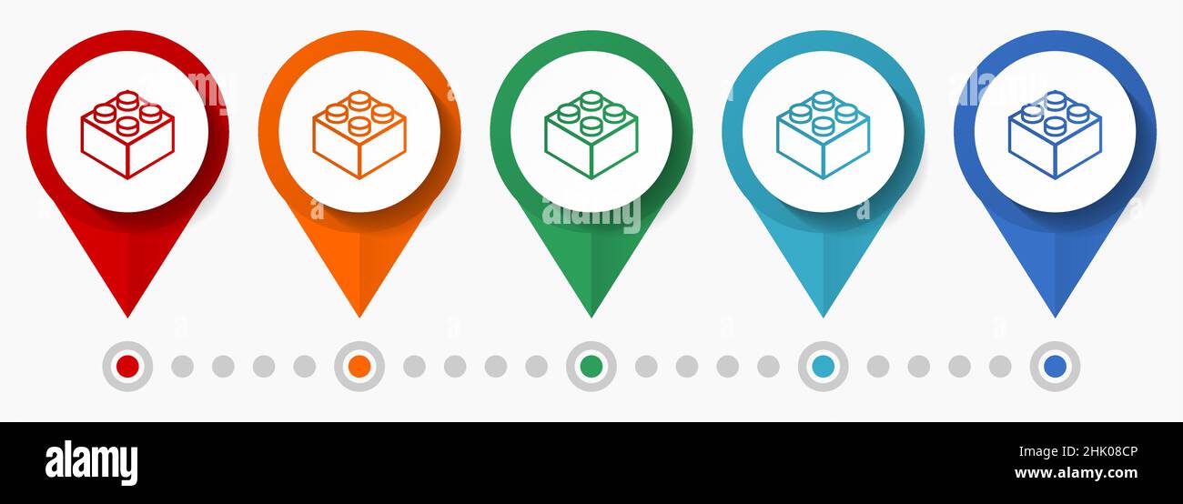 Set di icone vettoriali per il concetto di mattone giocattolo, puntatori a disegno piatto, modello infografico Illustrazione Vettoriale