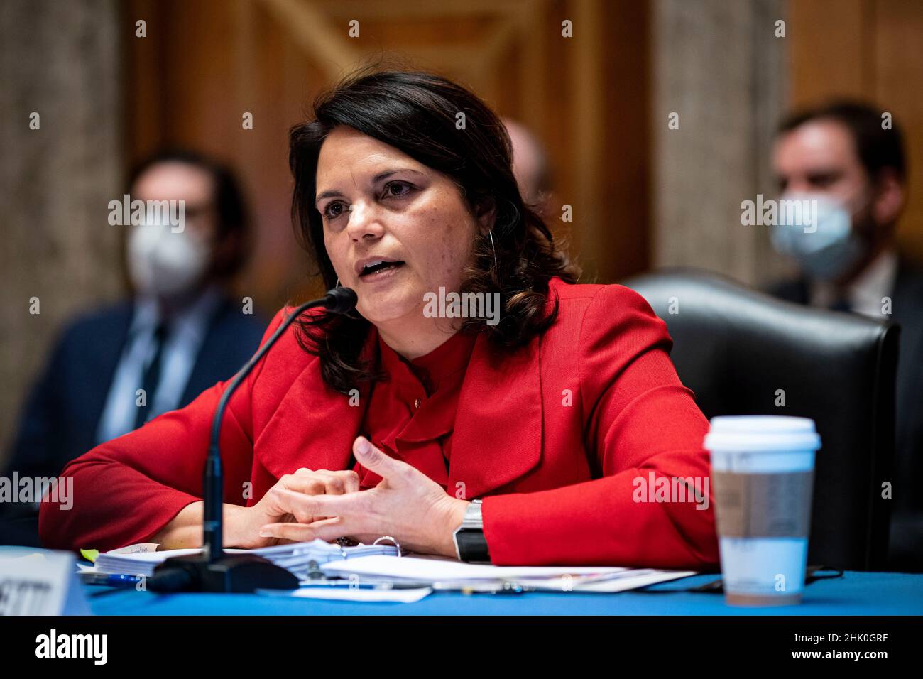 Washington, Stati Uniti. 01st Feb 2022. Nani Coloretti, vicedirettore dell'Ufficio di Gestione e bilancio (OMB) candidato per il Presidente degli Stati Uniti Joe Biden, parla durante un'audizione di conferma della Commissione per la sicurezza e gli affari governativi del Senato a Washington, DC, Stati Uniti, martedì 1 febbraio, 2022. Se confermato, Coloretti sarebbe uno dei più alti americani asiatici nell'amministrazione della Casa Bianca. (Fotografo: Al Drago/Pool/Sipa USA) Credit: Sipa USA/Alamy Live News Foto Stock