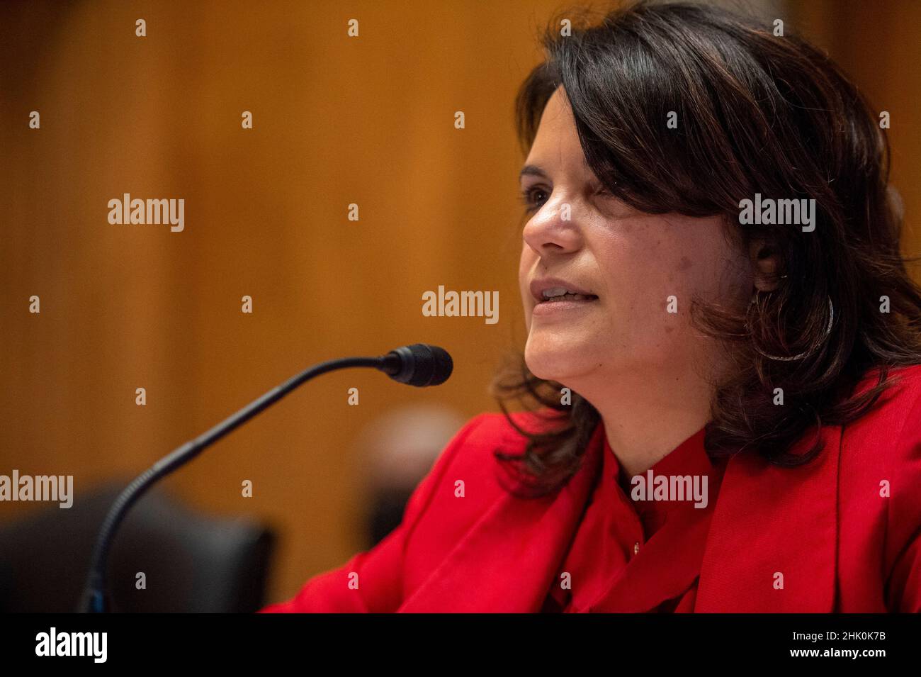 Nani Coloretti, dalla California, parla ad un'audizione del Senato Homeland Security and Governal Affairs Committee che la nomina come Vice Direttore dell'Ufficio di Gestione e bilancio presso il Campidoglio degli Stati Uniti a Washington, DC martedì 1 febbraio 2022. Credito: Bonnie Cash/Pool tramite CNP/MediaPunch Foto Stock