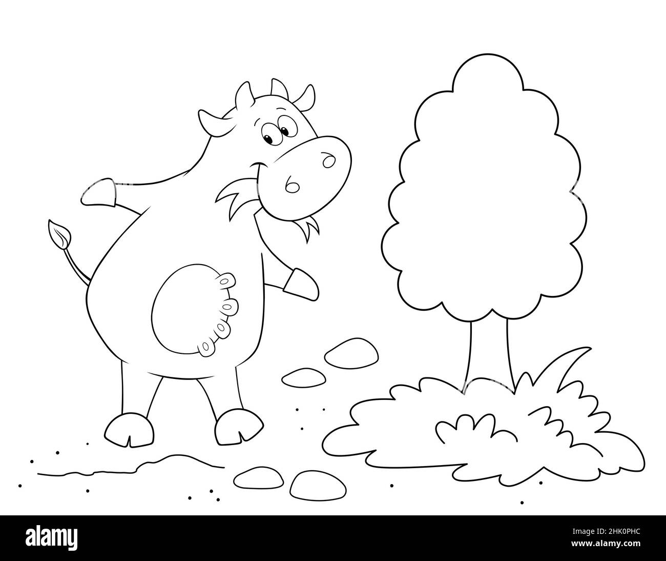 colorare pagina per i bambini di una carina vacca cartoon con mammelle e mangiare erba Foto Stock