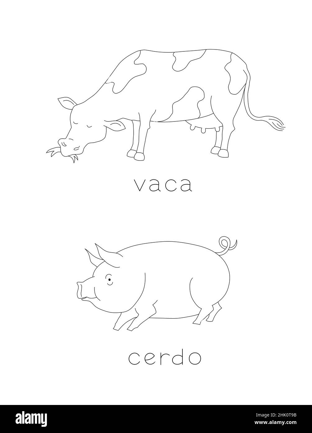 animali di base in spagnolo per bambini, mucca e disegno del profilo del maiale Foto Stock